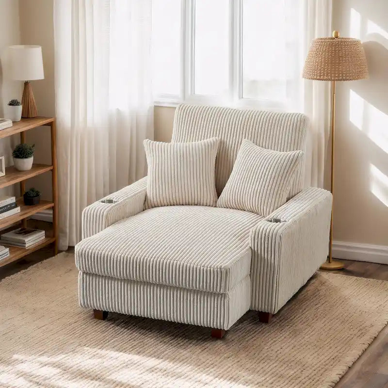 Upholstered Chaise Lounge Chair with Adjustable Backrest and Cup Holders, 300 lbs Capacity