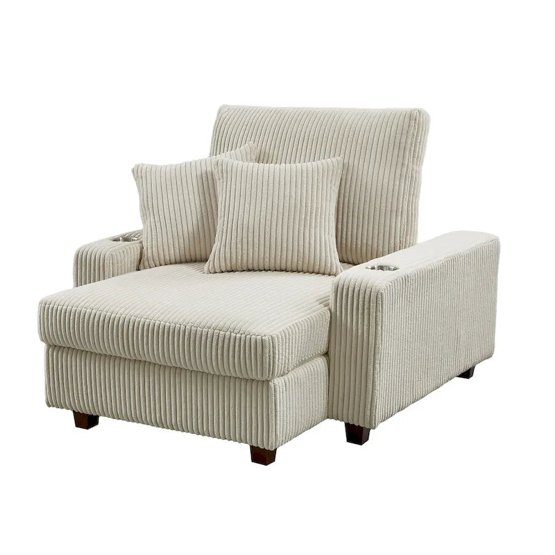 Upholstered Chaise Lounge Chair with Adjustable Backrest and Cup Holders, 300 lbs Capacity
