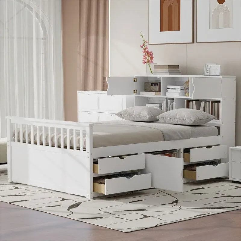 Twin/Full Size Platform Bed with 4 Drawers, Bookcase Headboard and Storage Shelves, Pine Wood