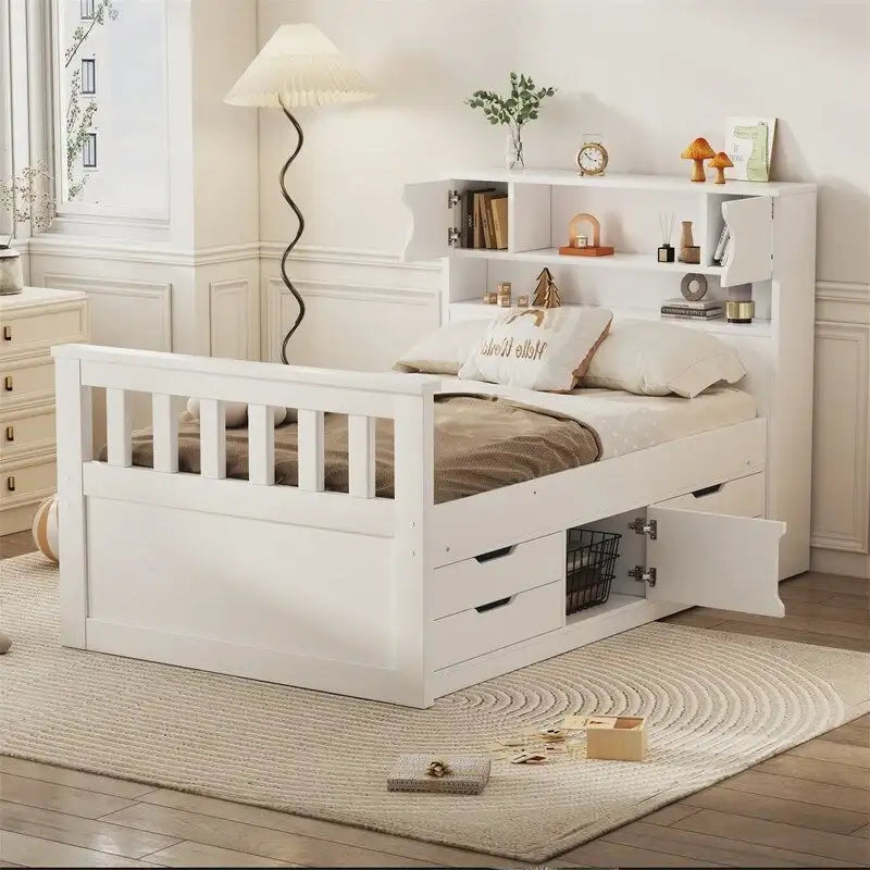Twin/Full Size Platform Bed with 4 Drawers, Bookcase Headboard and Storage Shelves, Pine Wood