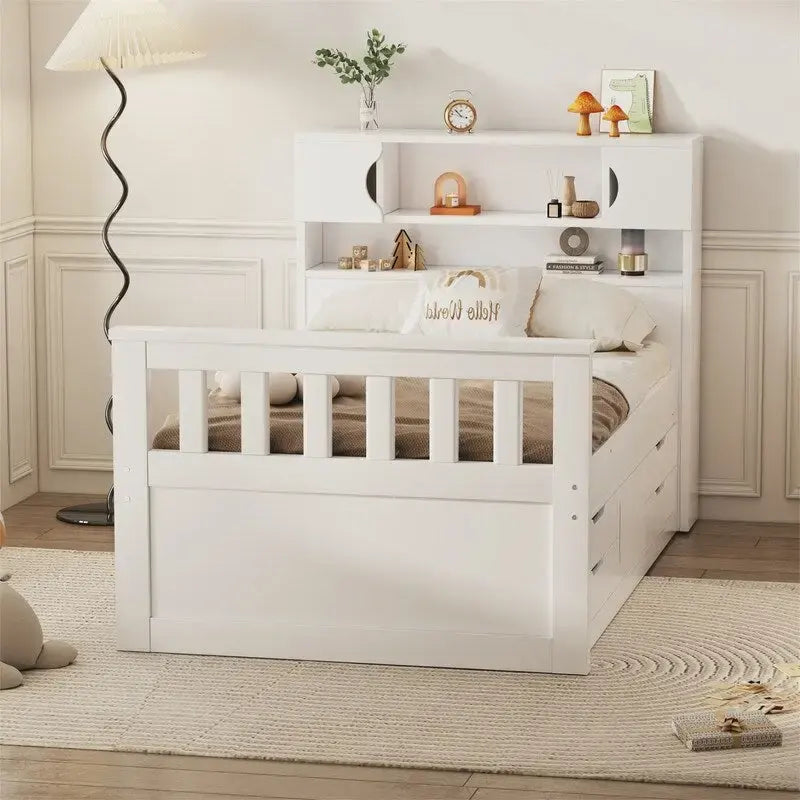 Twin/Full Size Platform Bed with 4 Drawers, Bookcase Headboard and Storage Shelves, Pine Wood