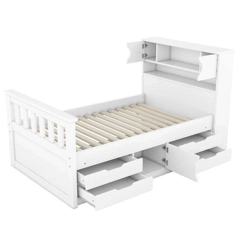 Twin/Full Size Platform Bed with 4 Drawers, Bookcase Headboard and Storage Shelves, Pine Wood