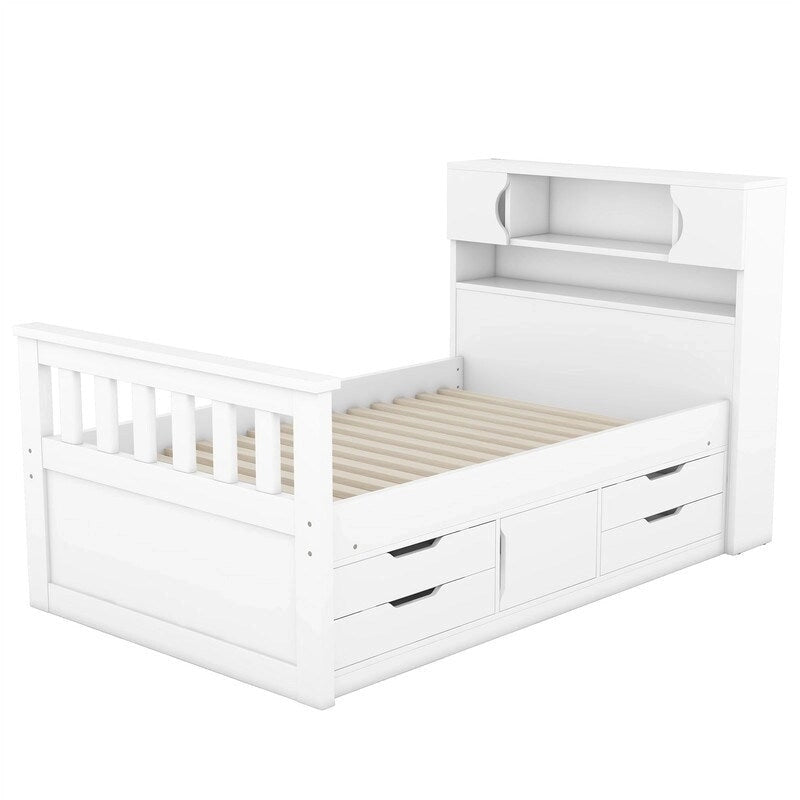 Twin/Full Size Platform Bed with 4 Drawers, Bookcase Headboard and Storage Shelves, Pine Wood