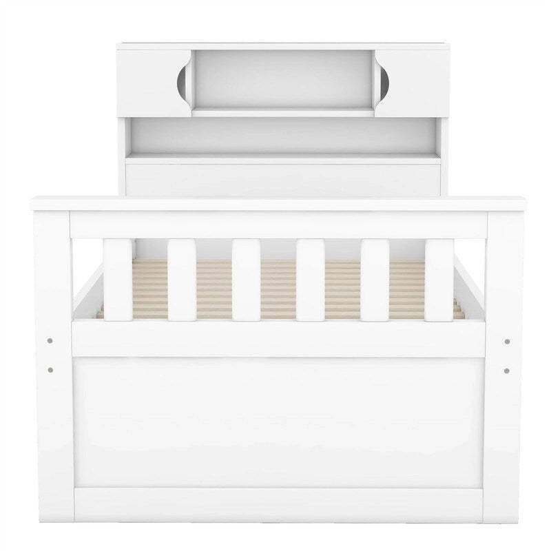 Twin/Full Size Platform Bed with 4 Drawers, Bookcase Headboard and Storage Shelves, Pine Wood