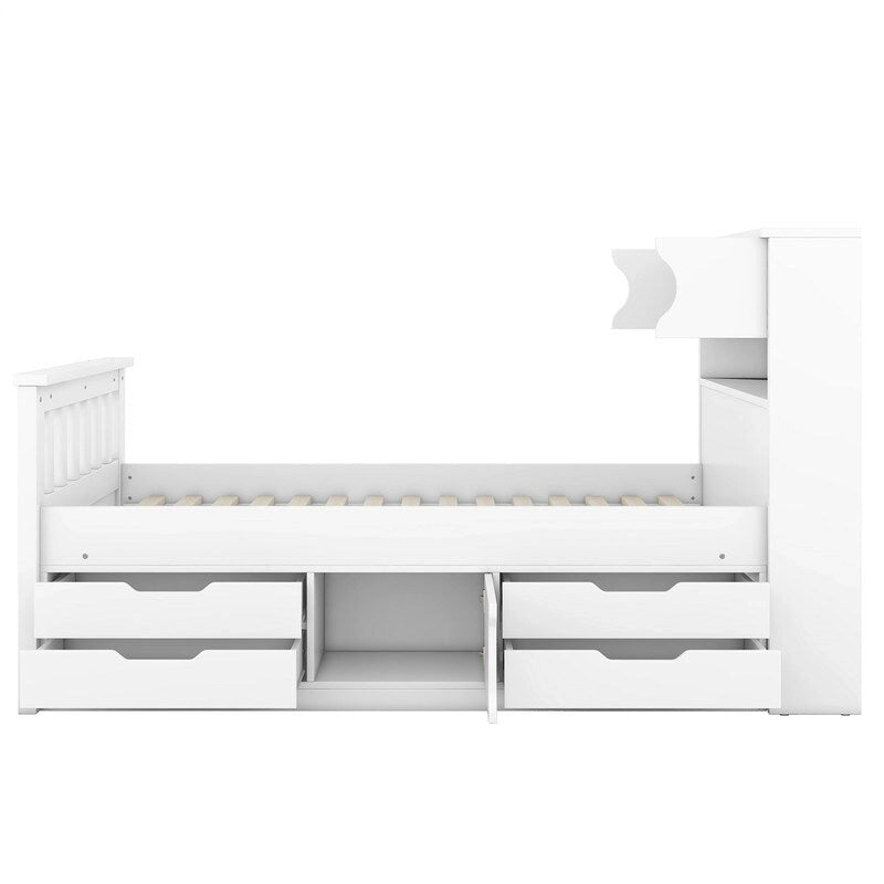 Twin/Full Size Platform Bed with 4 Drawers, Bookcase Headboard and Storage Shelves, Pine Wood