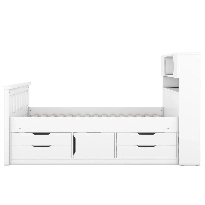 Twin/Full Size Platform Bed with 4 Drawers, Bookcase Headboard and Storage Shelves, Pine Wood