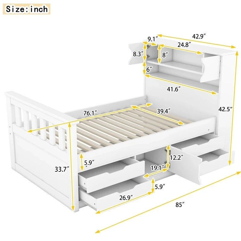 Twin/Full Size Platform Bed with 4 Drawers, Bookcase Headboard and Storage Shelves, Pine Wood