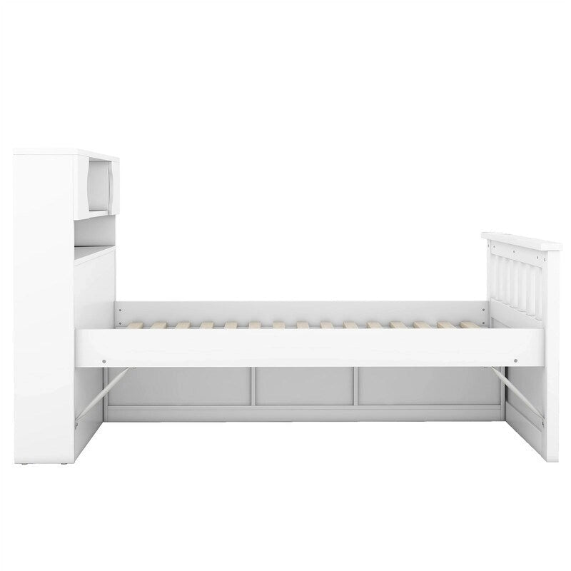 Twin/Full Size Platform Bed with 4 Drawers, Bookcase Headboard and Storage Shelves, Pine Wood