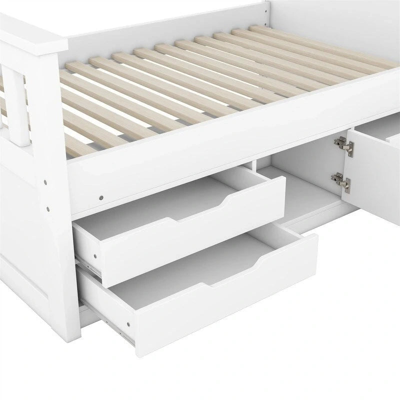 Twin/Full Size Platform Bed with 4 Drawers, Bookcase Headboard and Storage Shelves, Pine Wood