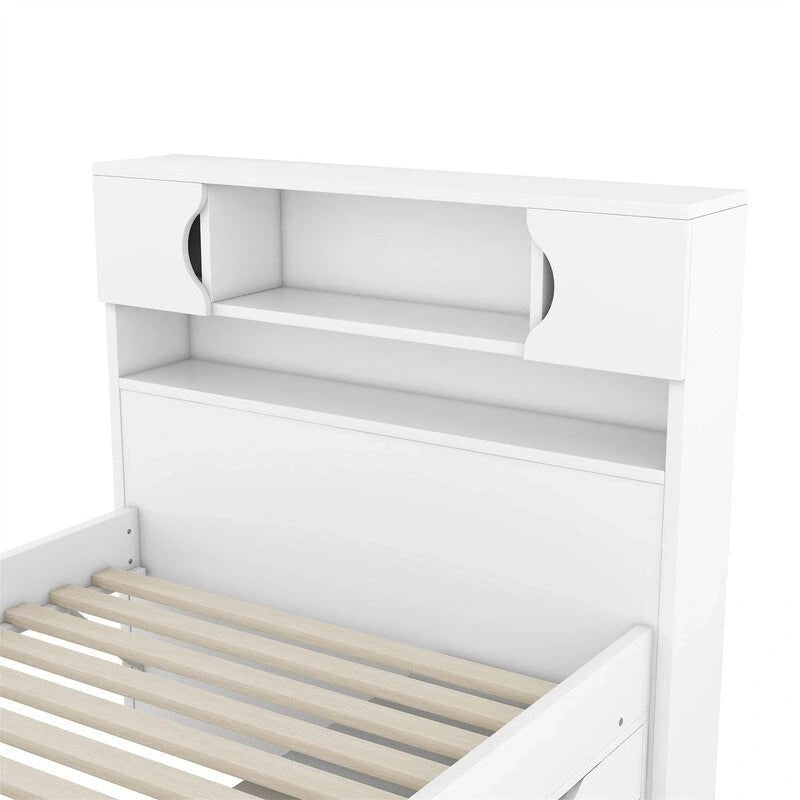 Twin/Full Size Platform Bed with 4 Drawers, Bookcase Headboard and Storage Shelves, Pine Wood