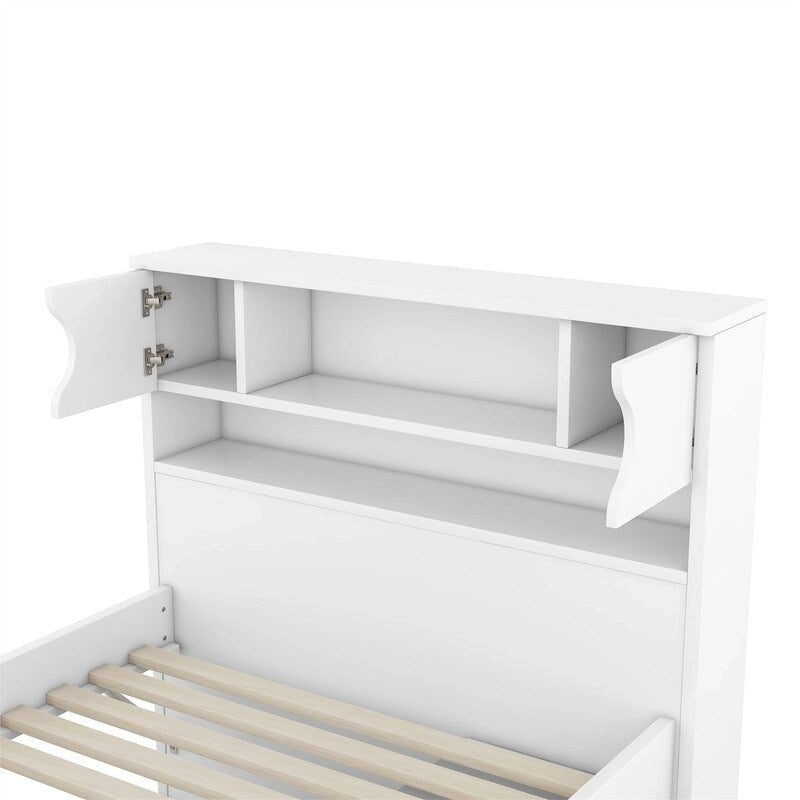 Twin/Full Size Platform Bed with 4 Drawers, Bookcase Headboard and Storage Shelves, Pine Wood