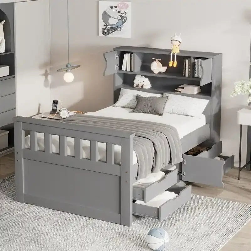 Twin/Full Size Platform Bed with 4 Drawers, Bookcase Headboard and Storage Shelves, Pine Wood