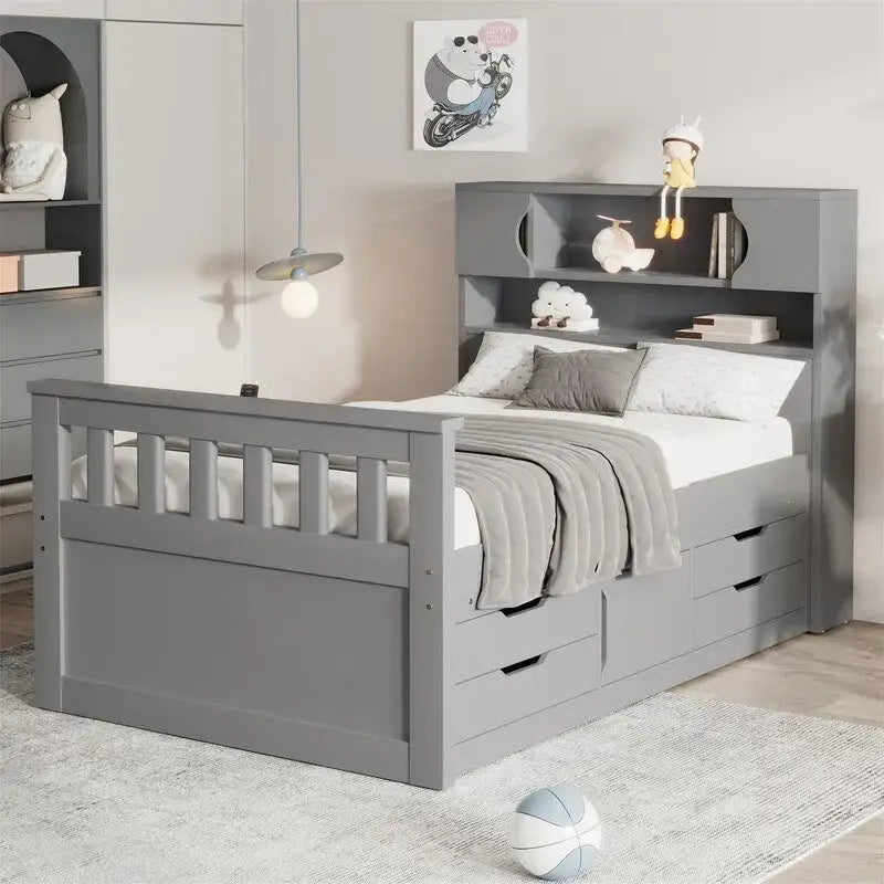 Twin/Full Size Platform Bed with 4 Drawers, Bookcase Headboard and Storage Shelves, Pine Wood