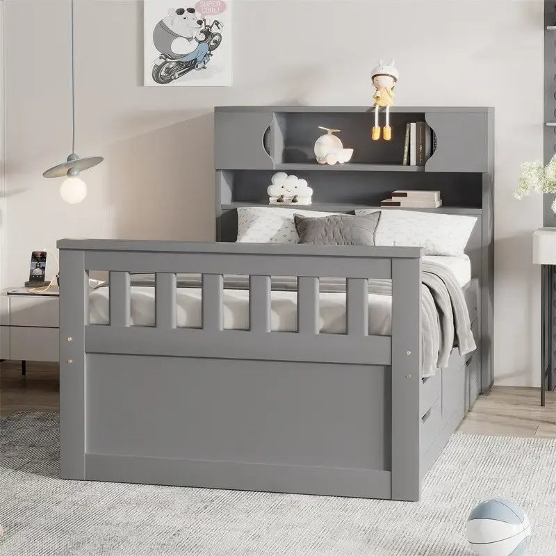 Twin/Full Size Platform Bed with 4 Drawers, Bookcase Headboard and Storage Shelves, Pine Wood