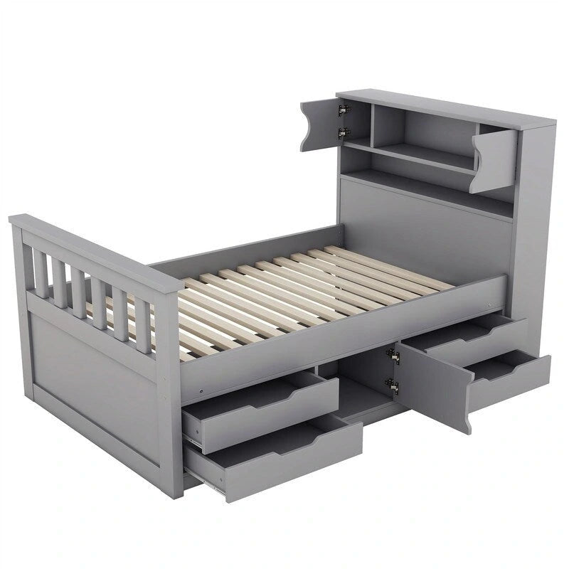Twin/Full Size Platform Bed with 4 Drawers, Bookcase Headboard and Storage Shelves, Pine Wood
