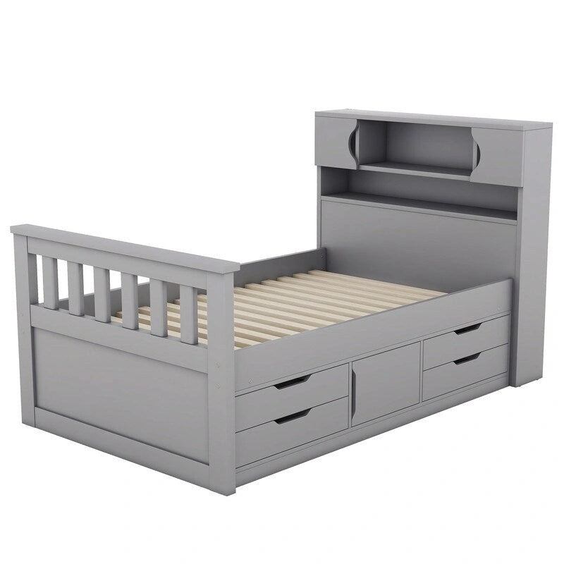 Twin/Full Size Platform Bed with 4 Drawers, Bookcase Headboard and Storage Shelves, Pine Wood