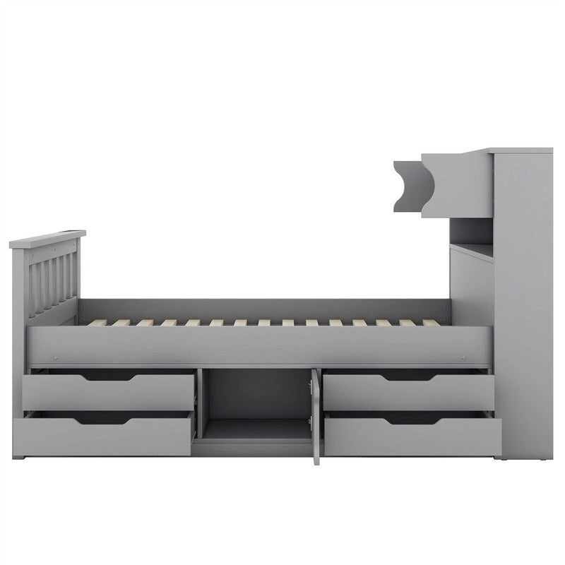 Twin/Full Size Platform Bed with 4 Drawers, Bookcase Headboard and Storage Shelves, Pine Wood