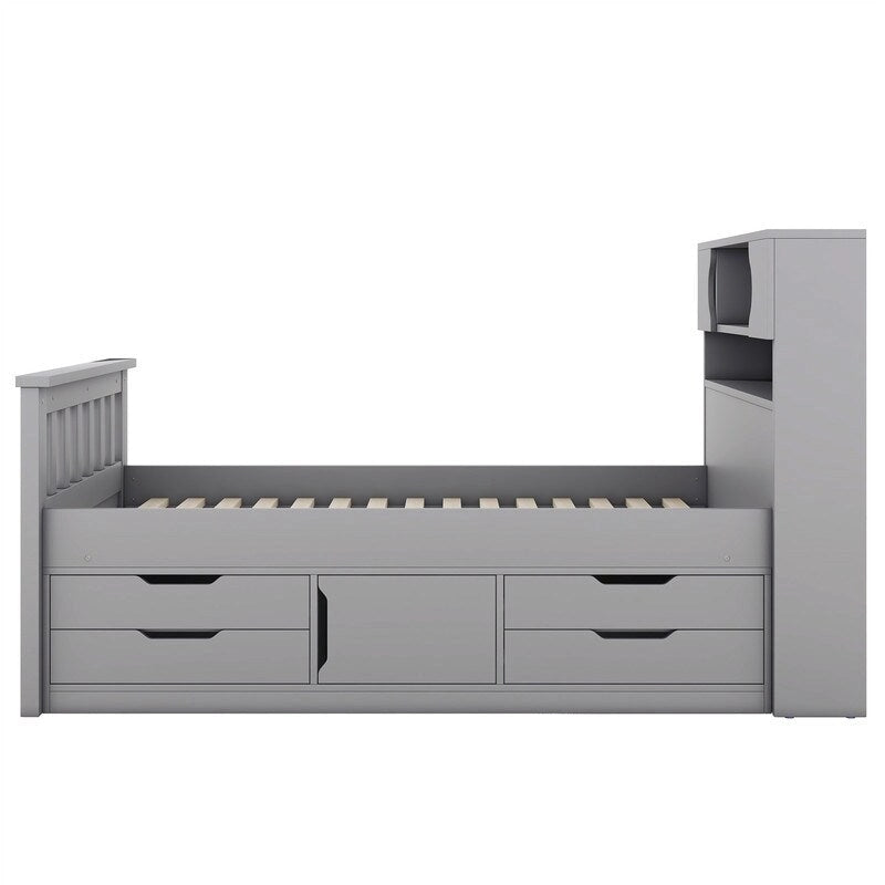 Twin/Full Size Platform Bed with 4 Drawers, Bookcase Headboard and Storage Shelves, Pine Wood
