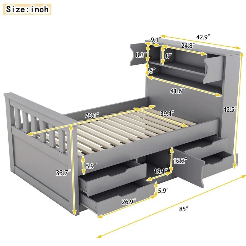 Twin/Full Size Platform Bed with 4 Drawers, Bookcase Headboard and Storage Shelves, Pine Wood