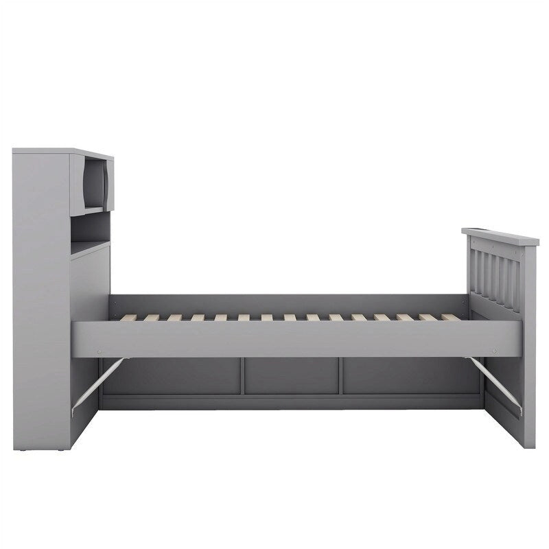 Twin/Full Size Platform Bed with 4 Drawers, Bookcase Headboard and Storage Shelves, Pine Wood