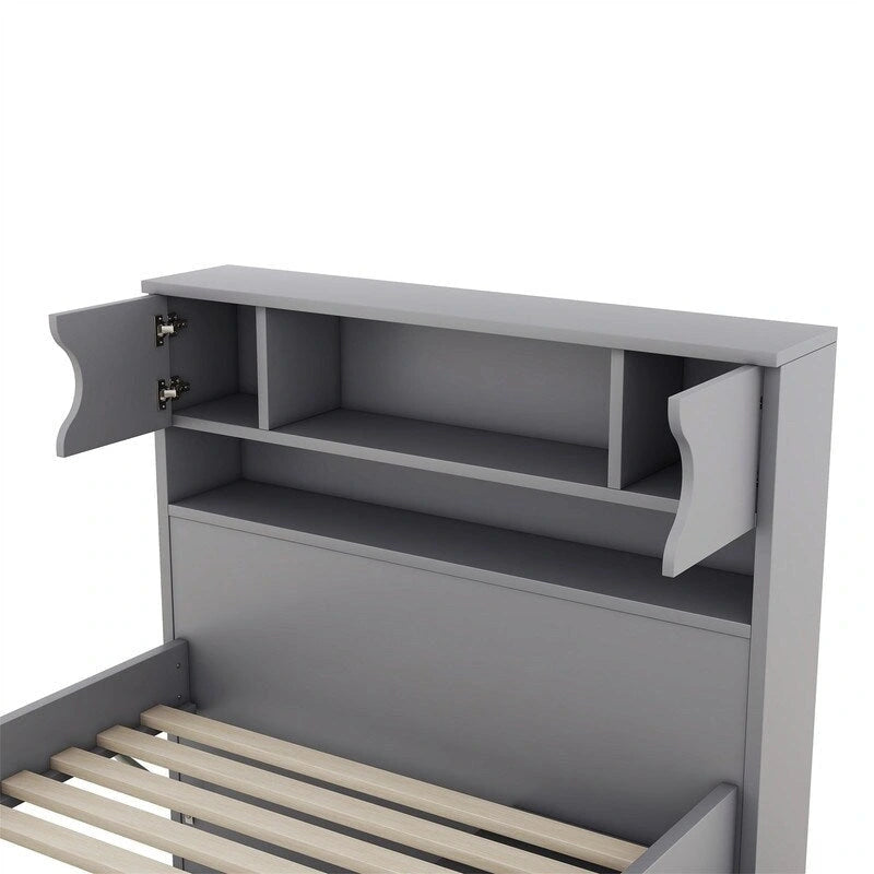 Twin/Full Size Platform Bed with 4 Drawers, Bookcase Headboard and Storage Shelves, Pine Wood