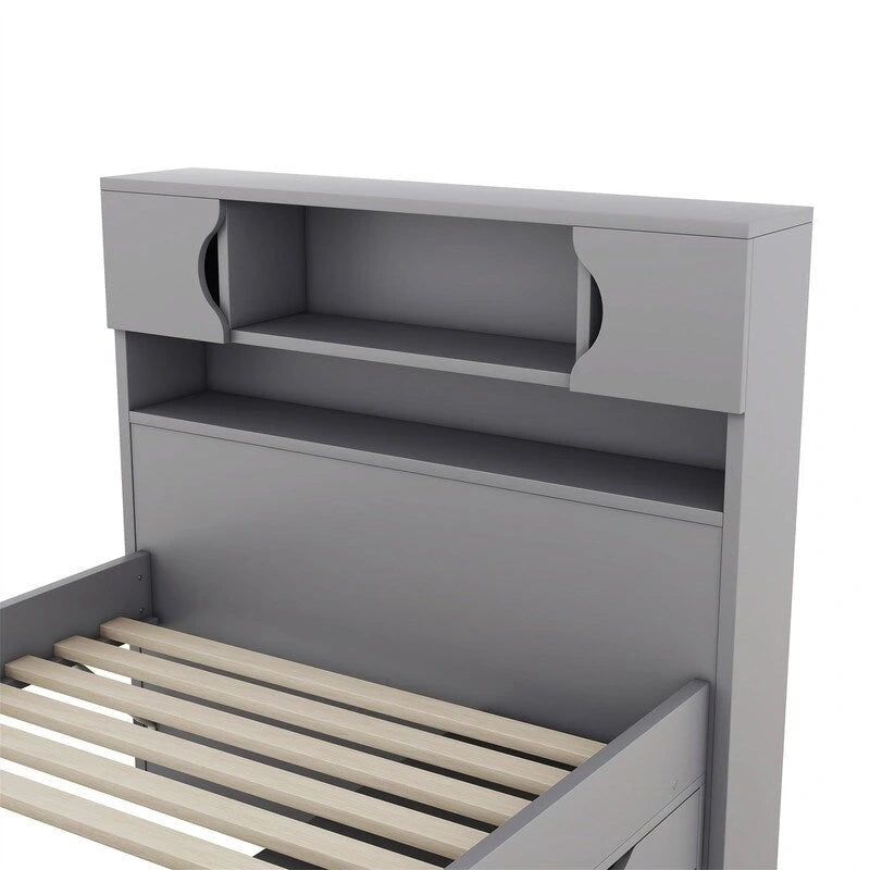 Twin/Full Size Platform Bed with 4 Drawers, Bookcase Headboard and Storage Shelves, Pine Wood