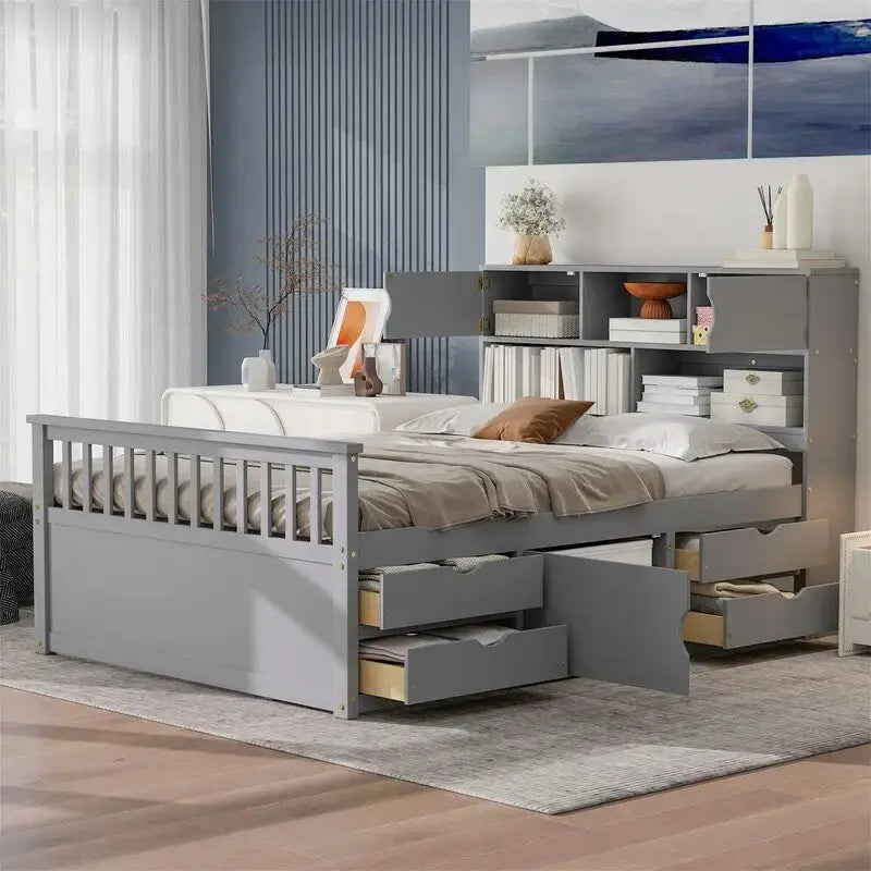 Twin/Full Size Platform Bed with 4 Drawers, Bookcase Headboard and Storage Shelves, Pine Wood