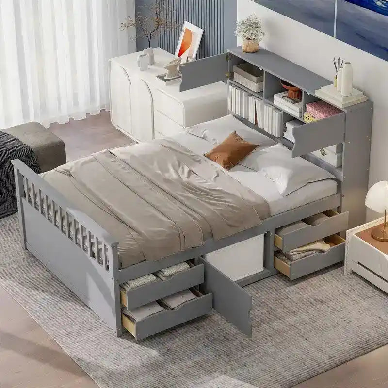 Twin/Full Size Platform Bed with 4 Drawers, Bookcase Headboard and Storage Shelves, Pine Wood