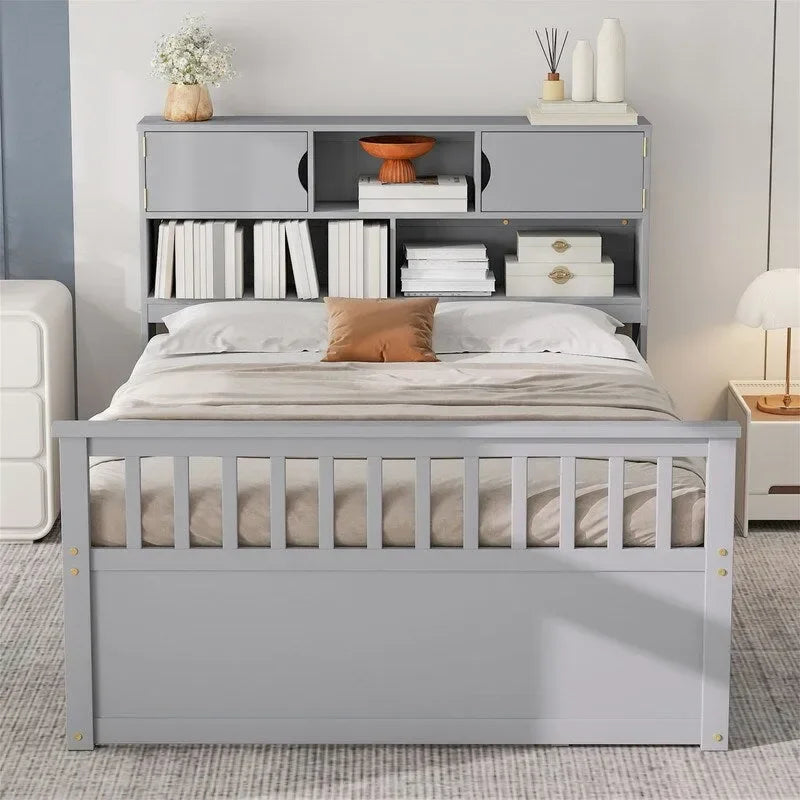 Twin/Full Size Platform Bed with 4 Drawers, Bookcase Headboard and Storage Shelves, Pine Wood
