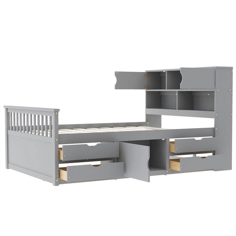 Twin/Full Size Platform Bed with 4 Drawers, Bookcase Headboard and Storage Shelves, Pine Wood