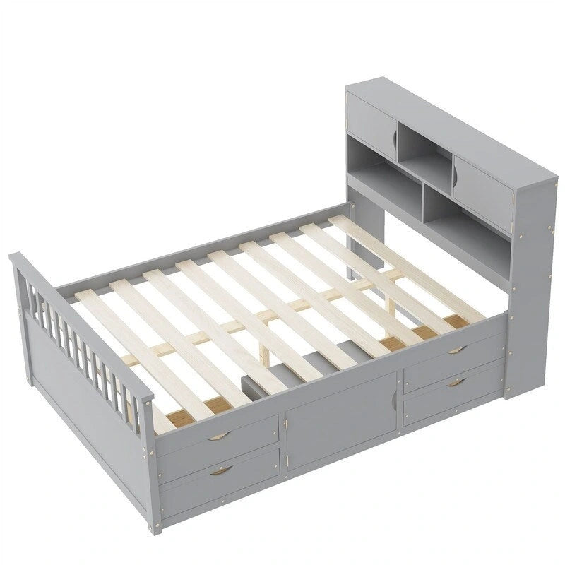 Twin/Full Size Platform Bed with 4 Drawers, Bookcase Headboard and Storage Shelves, Pine Wood