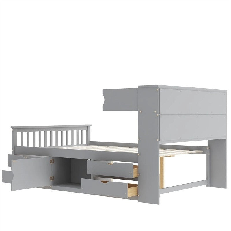 Twin/Full Size Platform Bed with 4 Drawers, Bookcase Headboard and Storage Shelves, Pine Wood