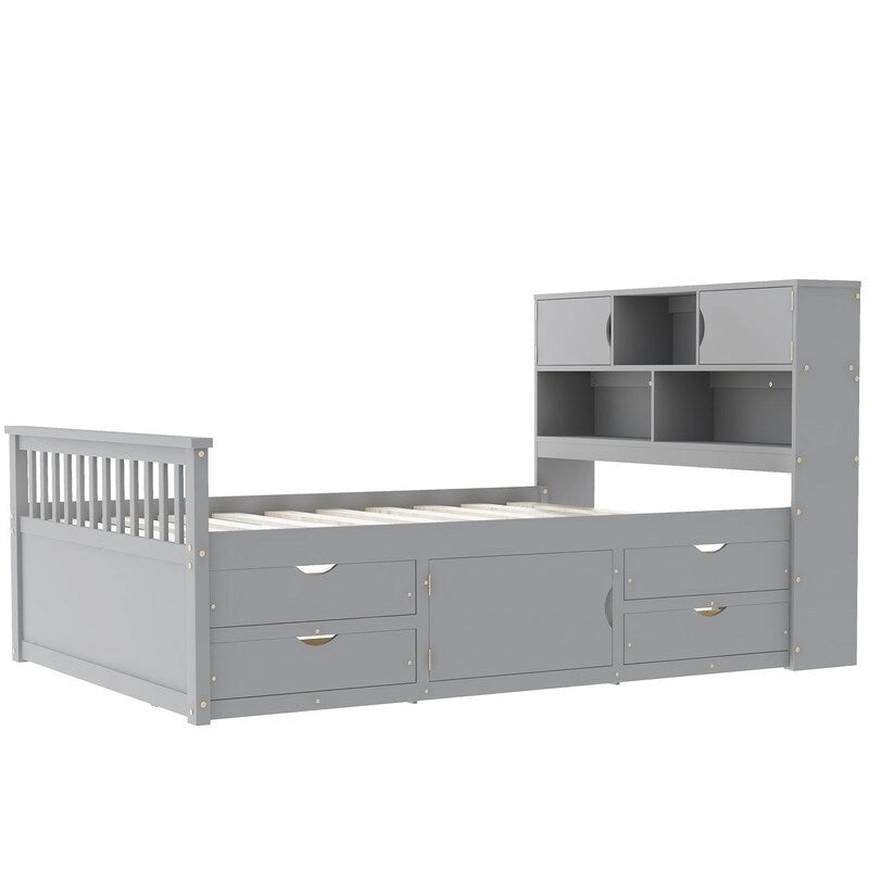 Twin/Full Size Platform Bed with 4 Drawers, Bookcase Headboard and Storage Shelves, Pine Wood