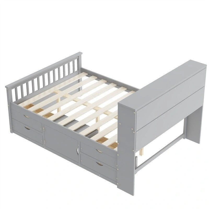 Twin/Full Size Platform Bed with 4 Drawers, Bookcase Headboard and Storage Shelves, Pine Wood