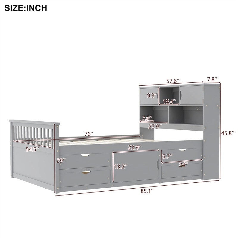 Twin/Full Size Platform Bed with 4 Drawers, Bookcase Headboard and Storage Shelves, Pine Wood