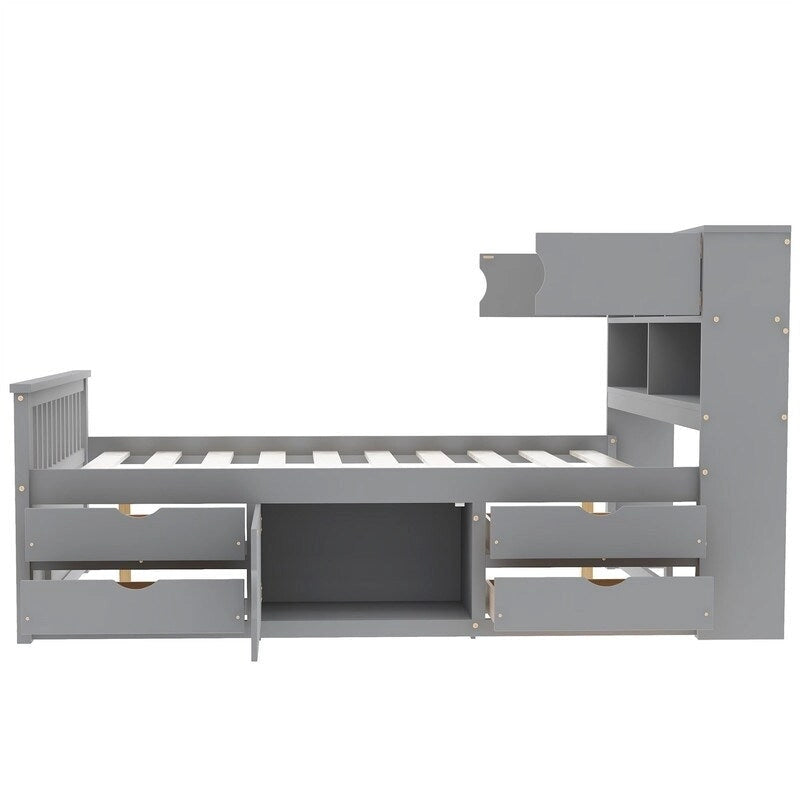 Twin/Full Size Platform Bed with 4 Drawers, Bookcase Headboard and Storage Shelves, Pine Wood