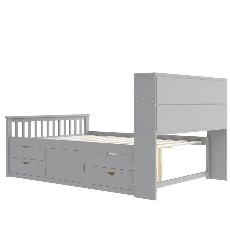 Twin/Full Size Platform Bed with 4 Drawers, Bookcase Headboard and Storage Shelves, Pine Wood