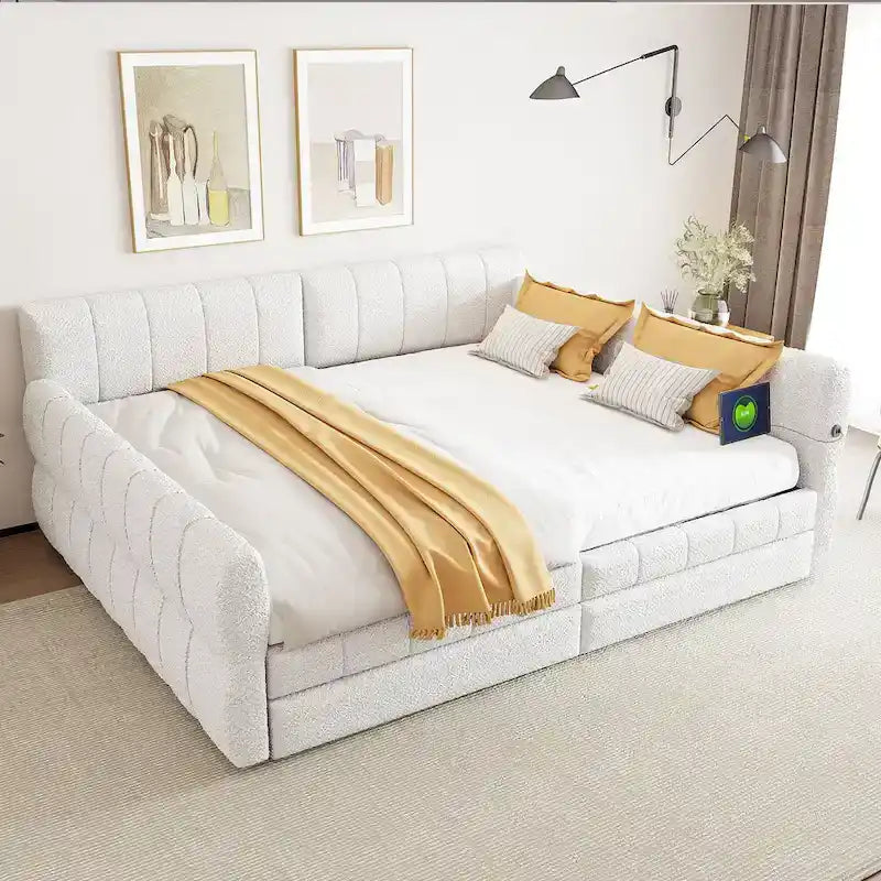 Queen Size Daybed Upholstered Platform Sofa Bed with USB and 2 Drawers, Vertical Stripes Recliner Bed Loveseat Chaise Lounge