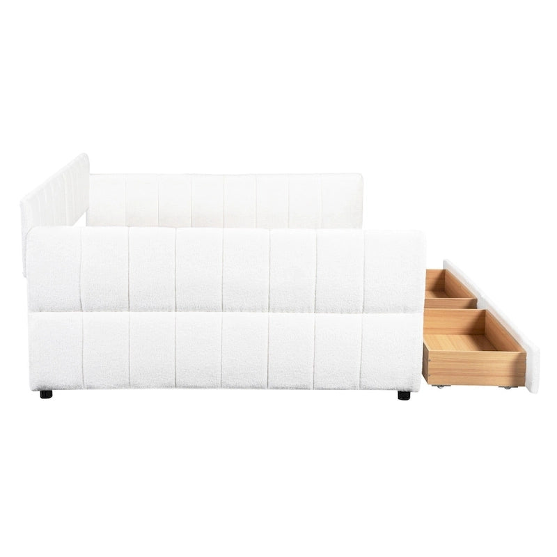 Queen Size Daybed Upholstered Platform Sofa Bed with USB and 2 Drawers, Vertical Stripes Recliner Bed Loveseat Chaise Lounge