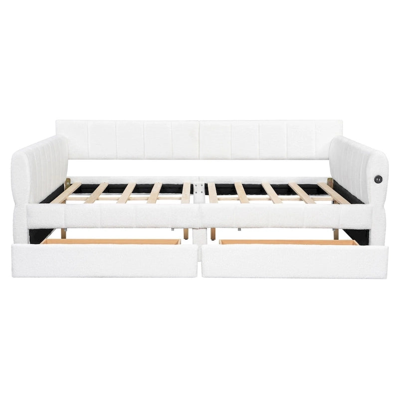 Queen Size Daybed Upholstered Platform Sofa Bed with USB and 2 Drawers, Vertical Stripes Recliner Bed Loveseat Chaise Lounge