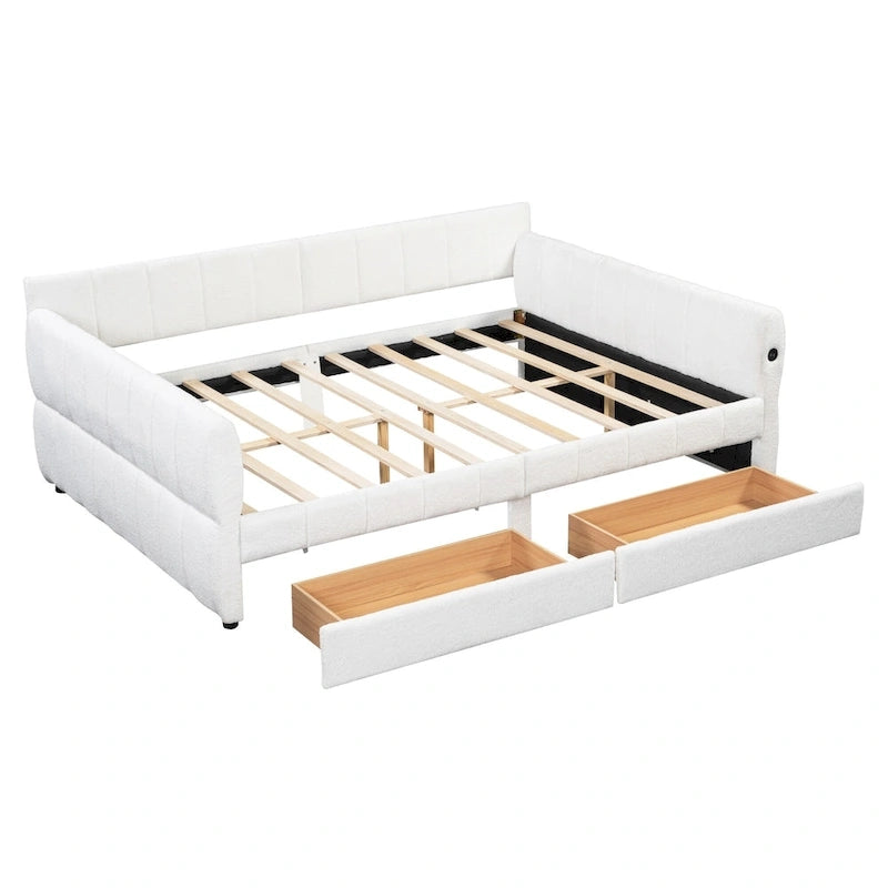 Queen Size Daybed Upholstered Platform Sofa Bed with USB and 2 Drawers, Vertical Stripes Recliner Bed Loveseat Chaise Lounge