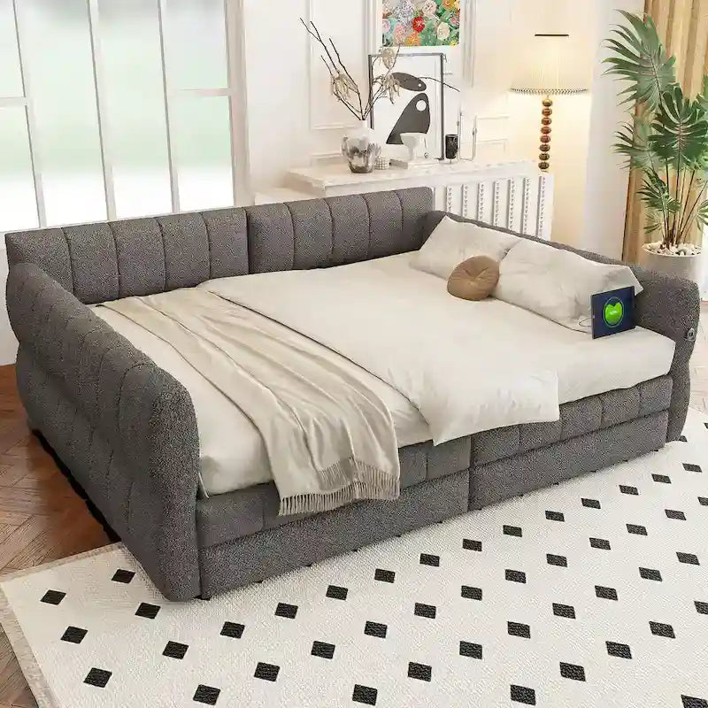 Queen Size Daybed Upholstered Platform Sofa Bed with USB and 2 Drawers, Vertical Stripes Recliner Bed Loveseat Chaise Lounge