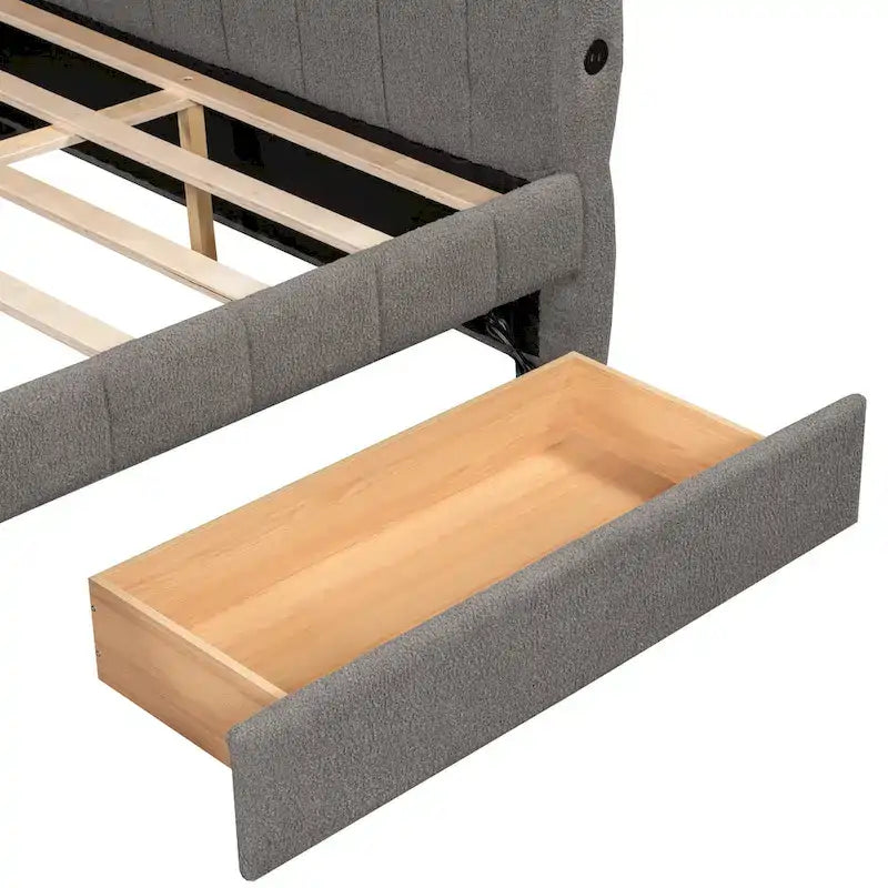 Queen Size Daybed Upholstered Platform Sofa Bed with USB and 2 Drawers, Vertical Stripes Recliner Bed Loveseat Chaise Lounge