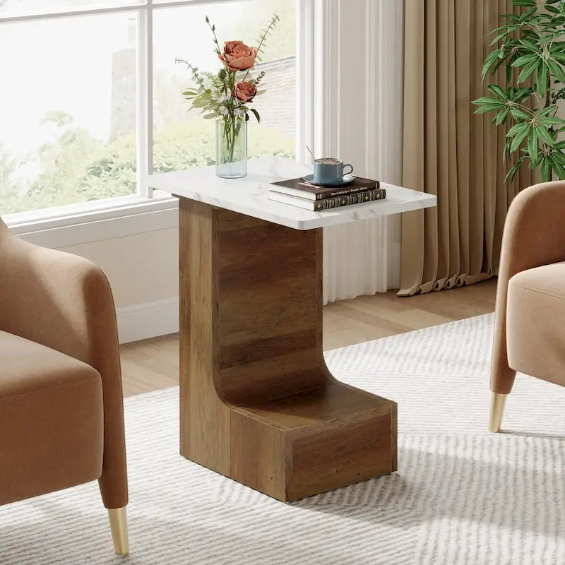 C-Shaped Sofa Side Table with Faux Marble Tabletop and 2-Tier Shelf, Bedside End Table