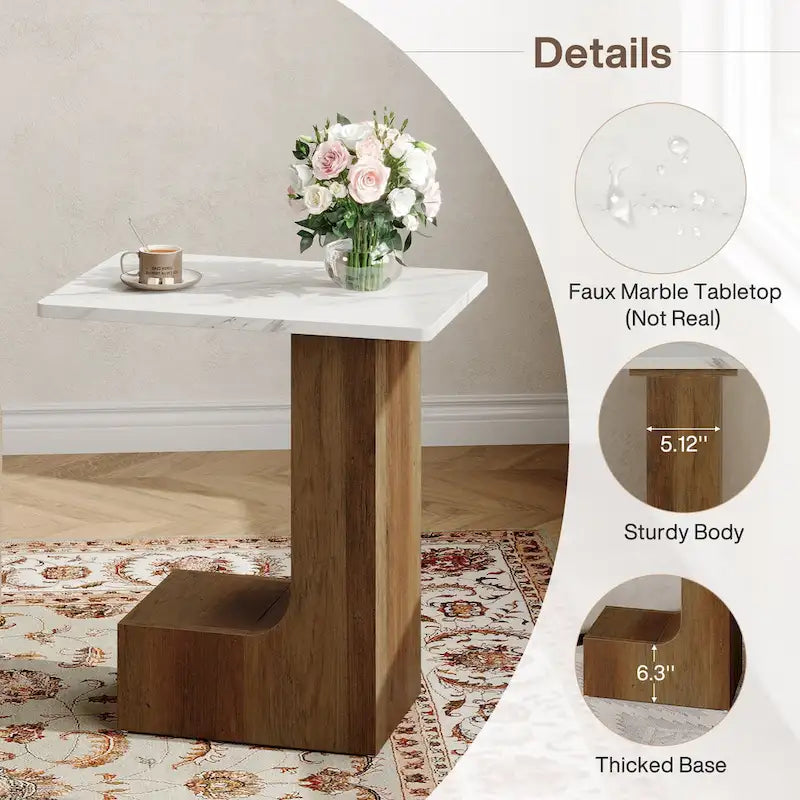 C-Shaped Sofa Side Table with Faux Marble Tabletop and 2-Tier Shelf, Bedside End Table