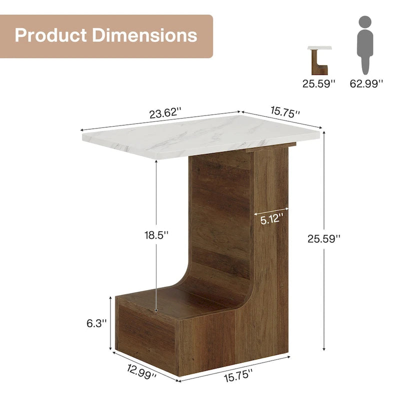 C-Shaped Sofa Side Table with Faux Marble Tabletop and 2-Tier Shelf, Bedside End Table