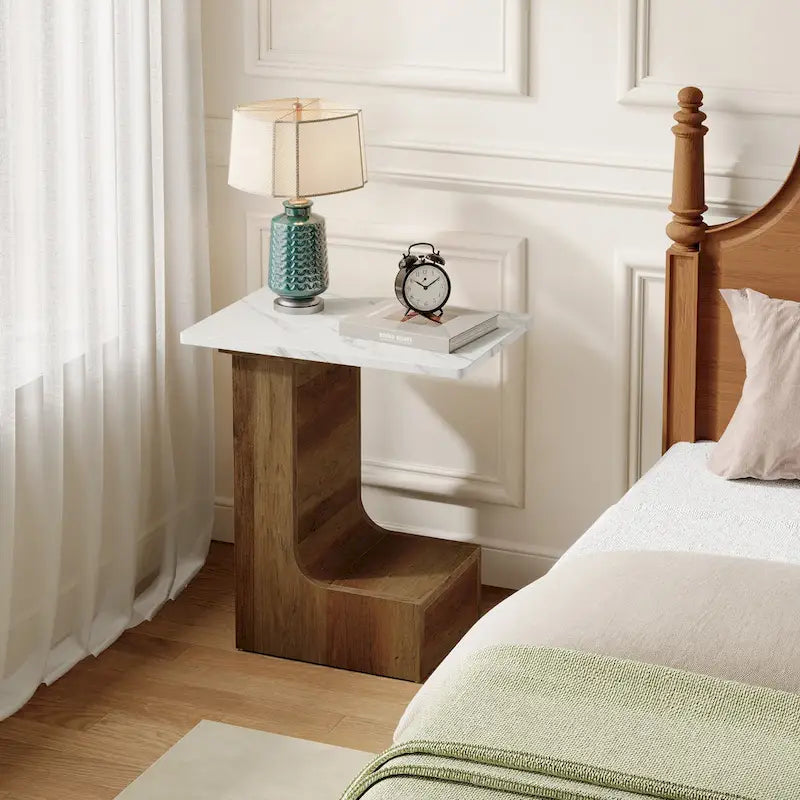C-Shaped Sofa Side Table with Faux Marble Tabletop and 2-Tier Shelf, Bedside End Table
