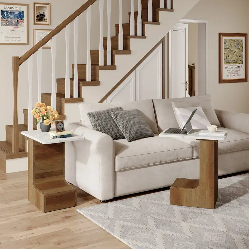 C-Shaped Sofa Side Table with Faux Marble Tabletop and 2-Tier Shelf, Bedside End Table