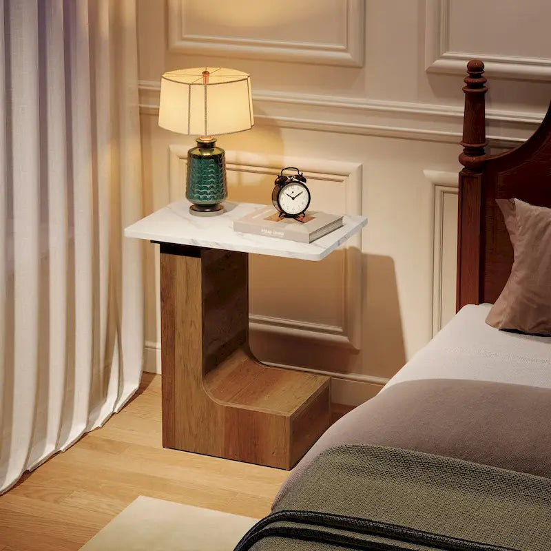 C-Shaped Sofa Side Table with Faux Marble Tabletop and 2-Tier Shelf, Bedside End Table