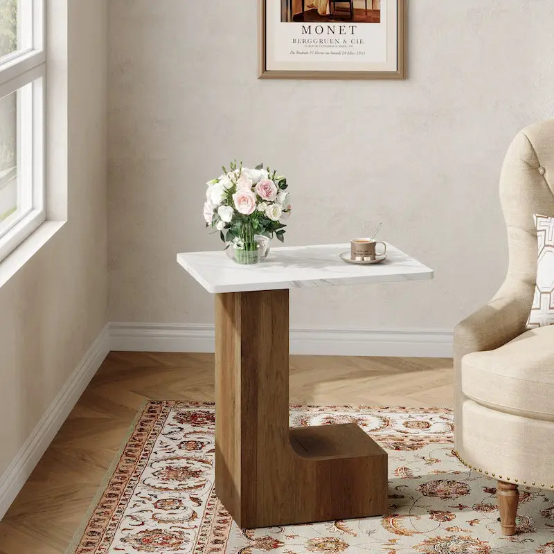 C-Shaped Sofa Side Table with Faux Marble Tabletop and 2-Tier Shelf, Bedside End Table